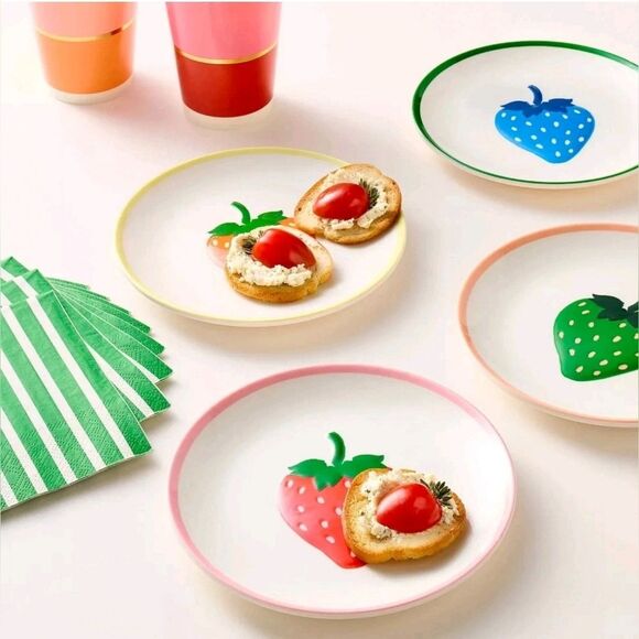 Kate Spade x Target Colorful Strawberry Appetizer Plate 4 Piece Melamine NWOT - Picture 1 of 10